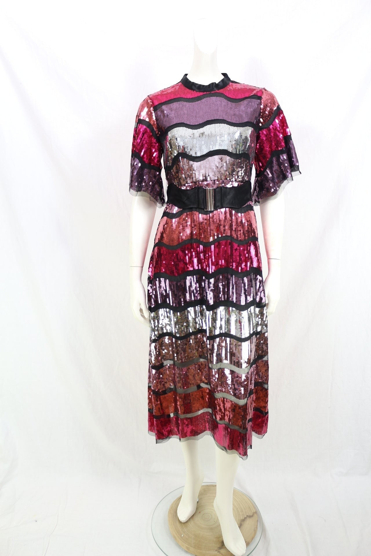 ZARA Sequin Midi Dress NWT Pink Silver Party Wedding Cocktail Belted Size S