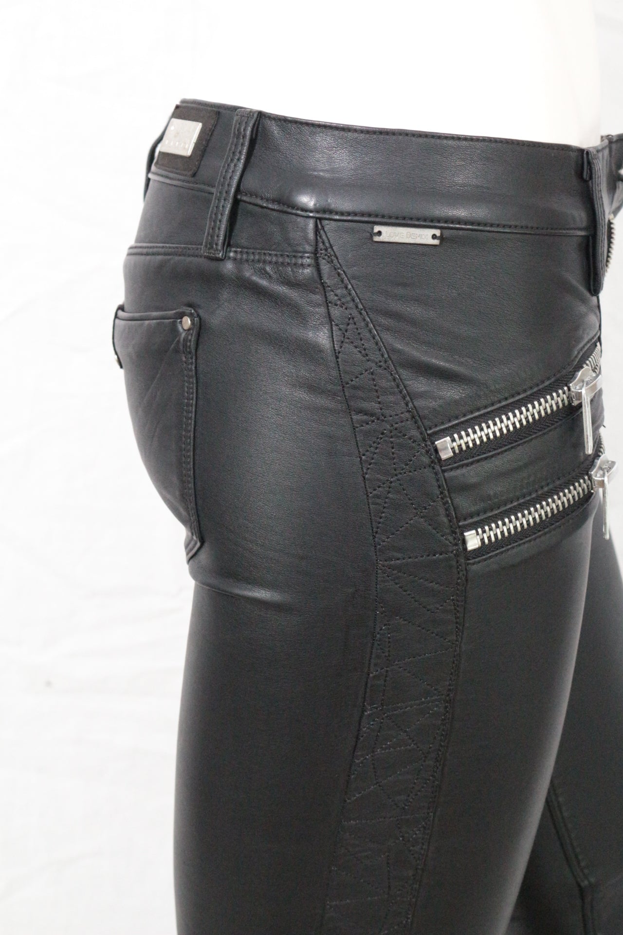 Love Denim Black Leather Biker Pants NWT Women Slim Rock Zipper Sample Size S M