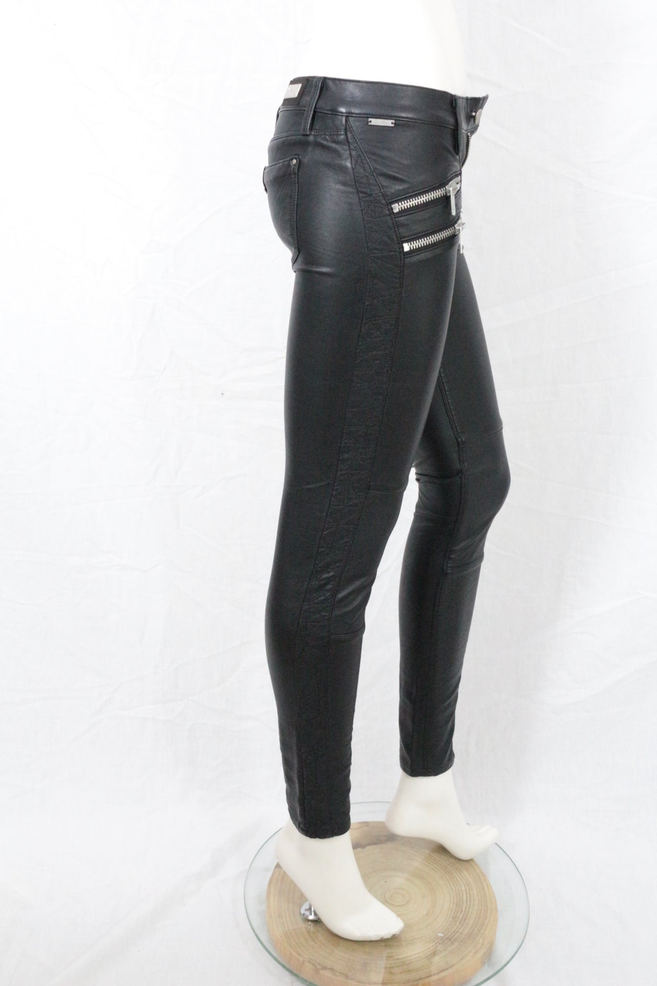 Love Denim Black Leather Biker Pants NWT Women Slim Rock Zipper Sample Size S M