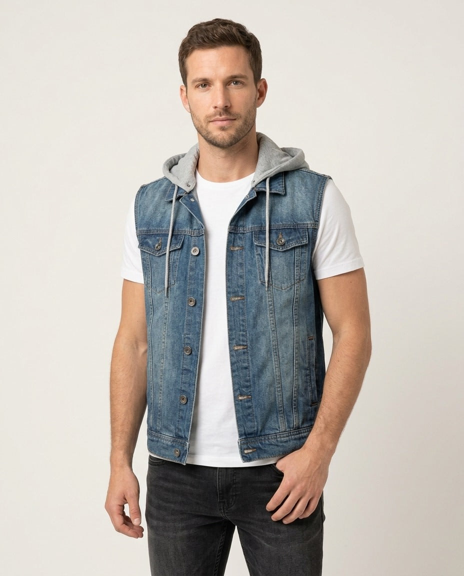 Jay Jays Gilet jean sans manches capuche grise bleu XS porté – photo générée par IA