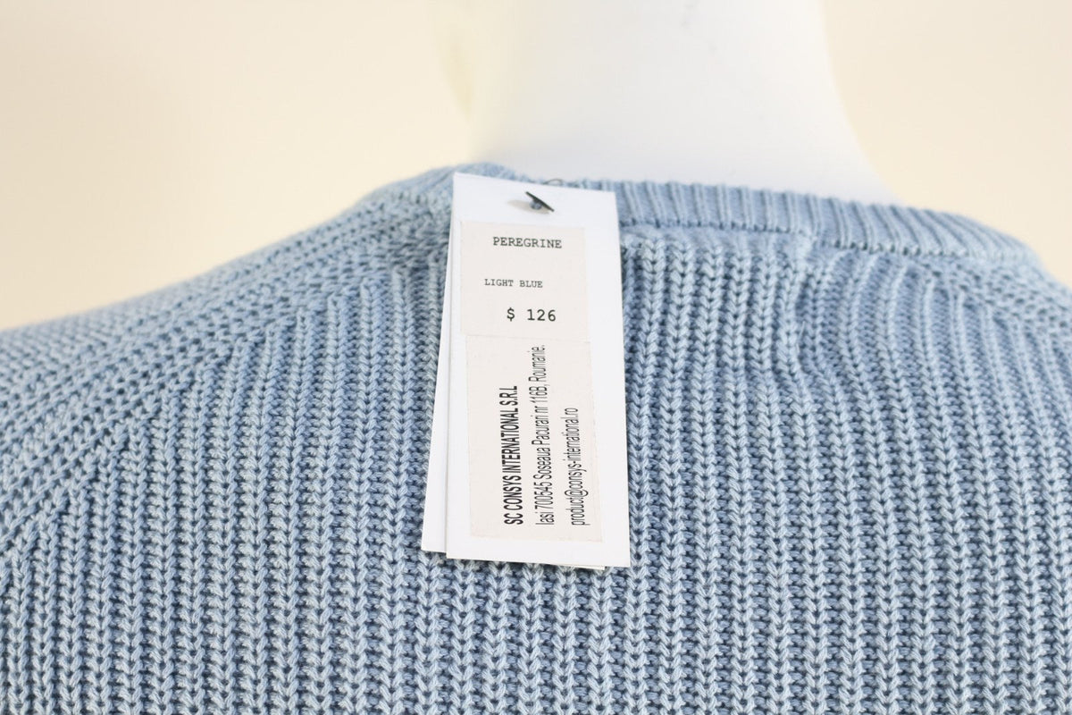 Pull Peregrine bleu ciel en maille côtelée, vue de dos avec étiquette neuve – Frippin'Dealz