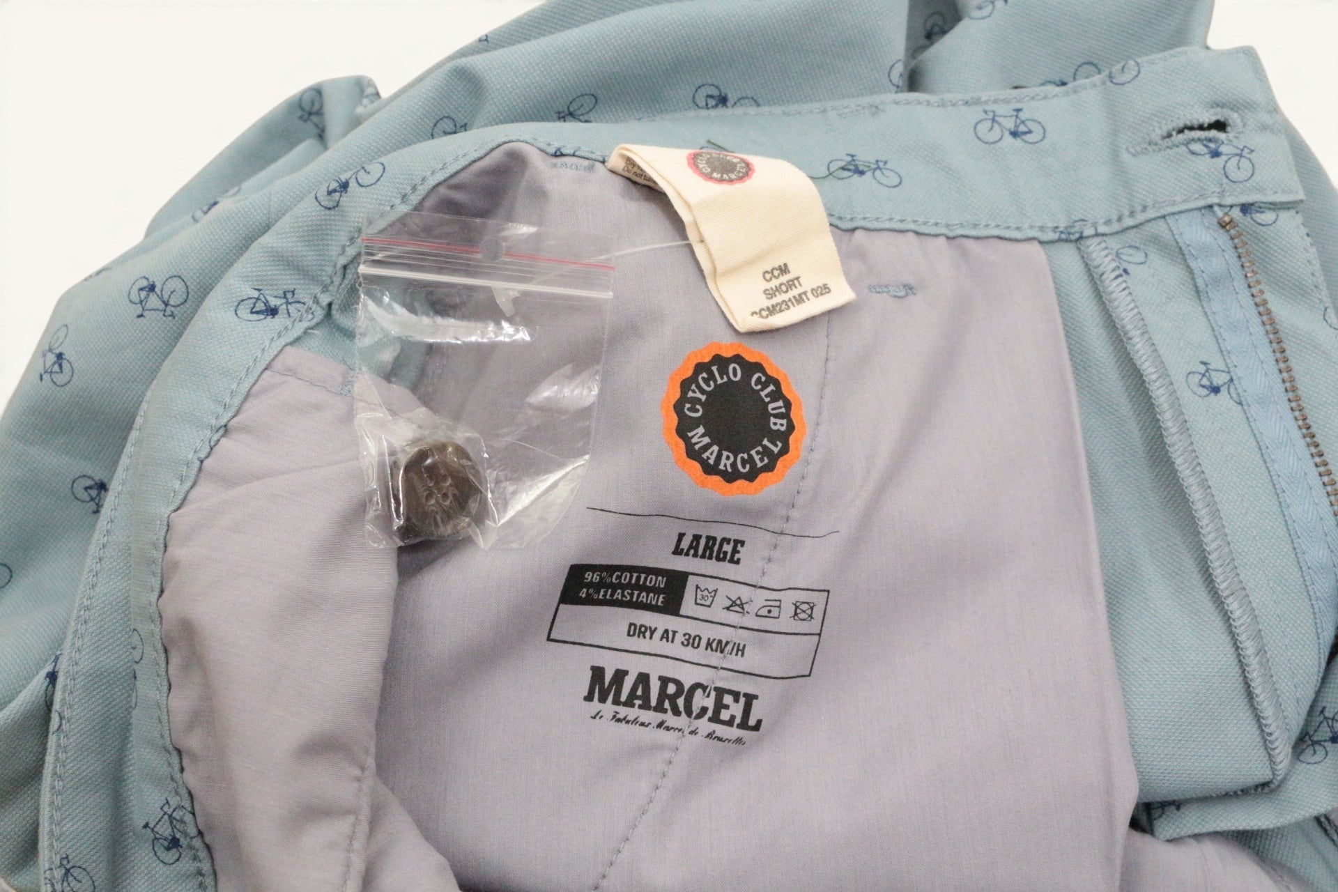 Marcel Cyclo Club Short Chino Homme Bleu Ciel Imprimé Vélos Coton Stretch  Neuf avec Étiquette 22