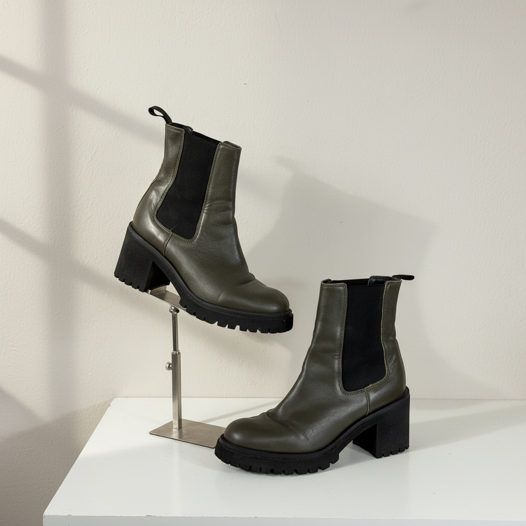 Bottines Chelsea Minelli vert kaki cuir semelle crantée 38 vintage