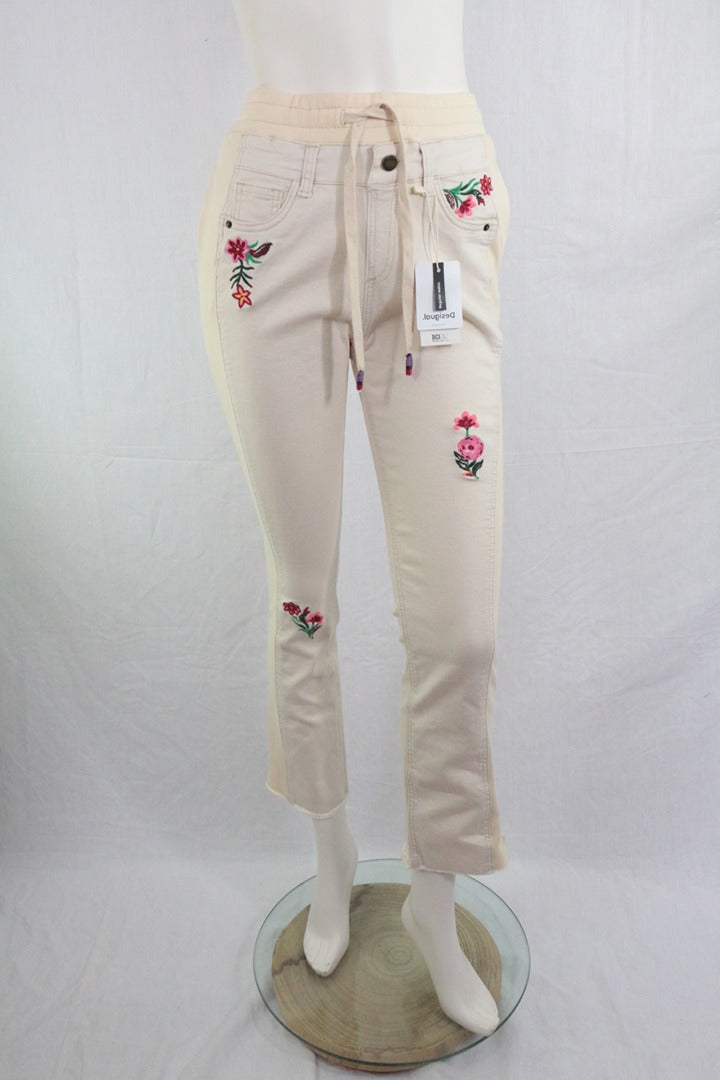 Pantalon jogger Desigual beige brodé fleurs taille Xs neuf 1