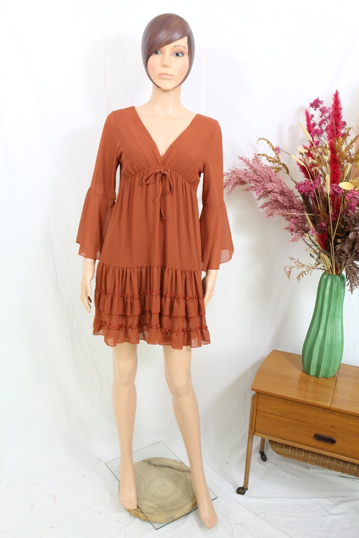 Robe courte mousseline marron S manches évasees volants 1