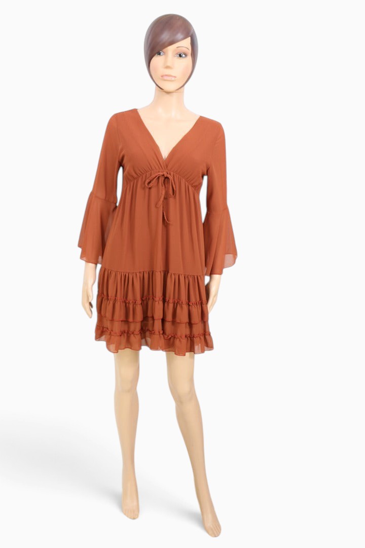 Robe courte mousseline marron S manches évasees volants