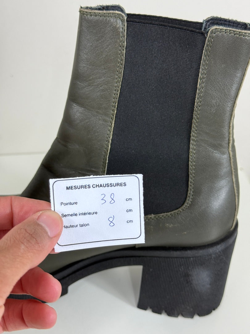 Bottines Chelsea Minelli vert kaki cuir semelle crantée 38 vintage 10