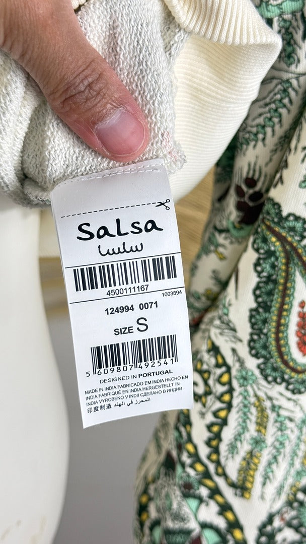 Sweat à capuche Salsa motif cachemire vert crème S boheme chic 10