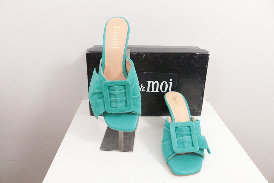 Mules à talon Toi & moi en cuir daim turquoise taille 36 5