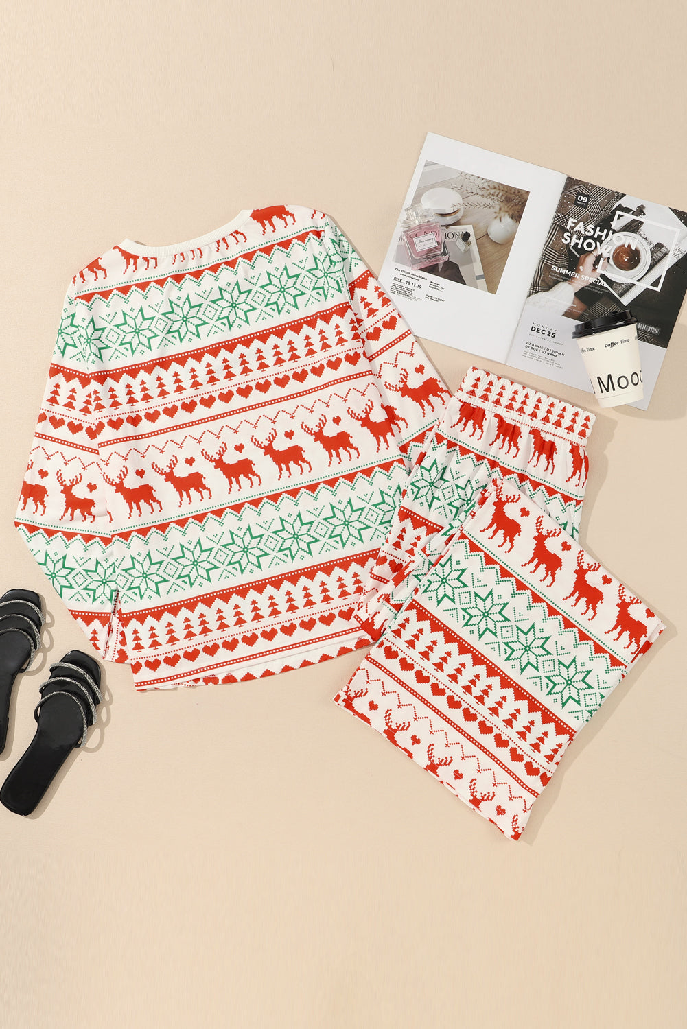 Ensemble de détente pull et pantalon, imprimé de Noël, blanc, polyester et élasthanne, pour femme 14