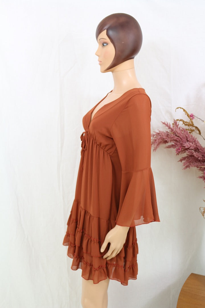 Robe courte mousseline marron S manches évasees volants 5