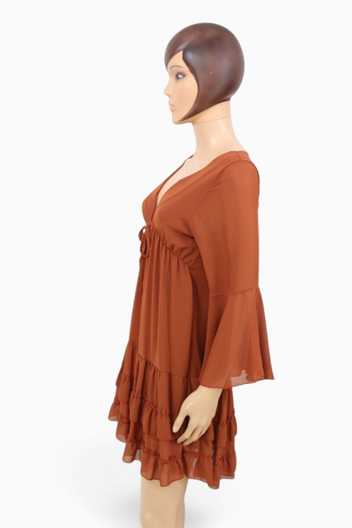 Robe courte mousseline marron S manches évasees volants | Frippin'Dealz – photo 6