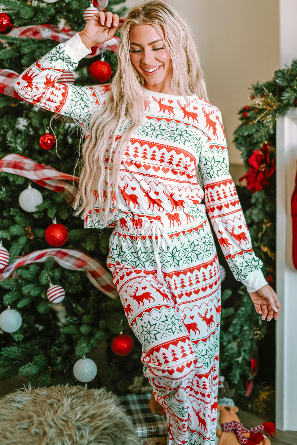 Ensemble de détente pull et pantalon, imprimé de Noël, blanc, polyester et élasthanne, pour femme 10