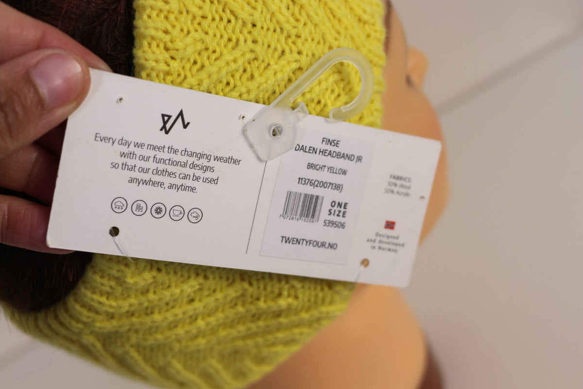 Étiquette cartonnée du bandeau Twentyfour Finse Dalen Headband JR, Bright Yellow, One Size, 50 % laine 50 % acrylique – Frippin'Dealz