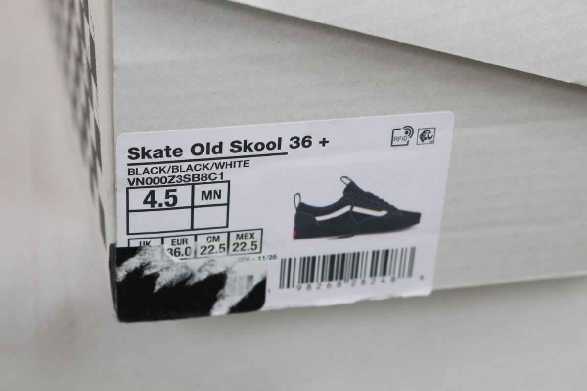 Étiquette de la boîte des Vans Skate Old Skool 36+ Black/Black/White taille EUR 36 – Frippin'Dealz