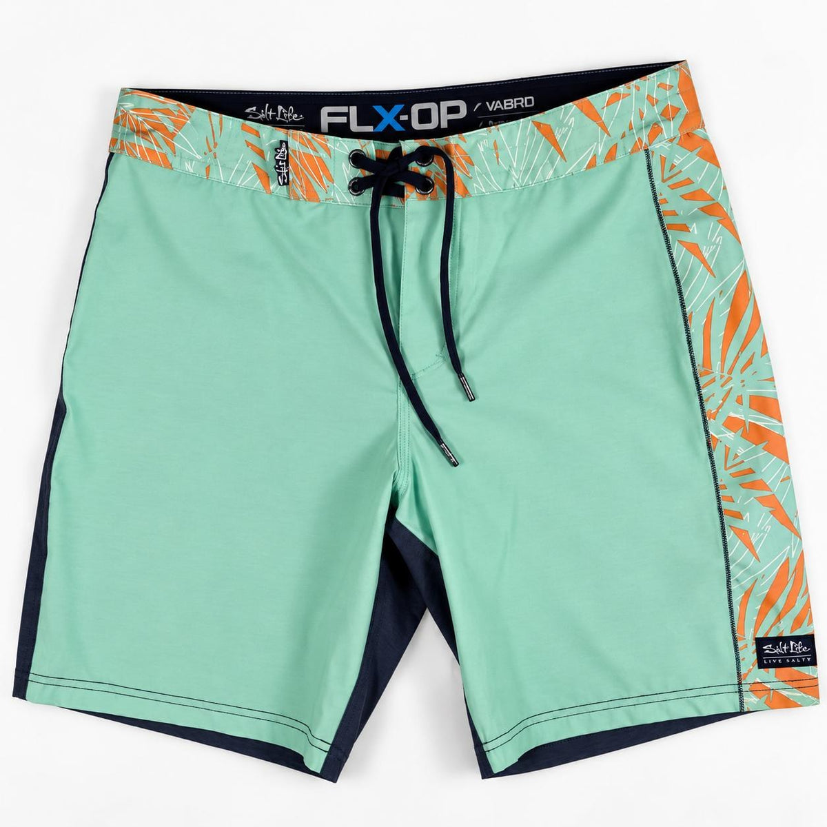 Boardshort Salt Life vert menthe avec bandes à motif palmes orange, face avant – Frippin'Dealz