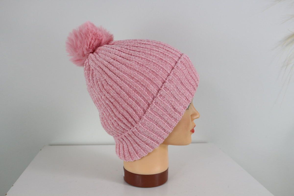Bonnet Eva&Co rose à revers et pompon, vue de profil droit – Frippin'Dealz