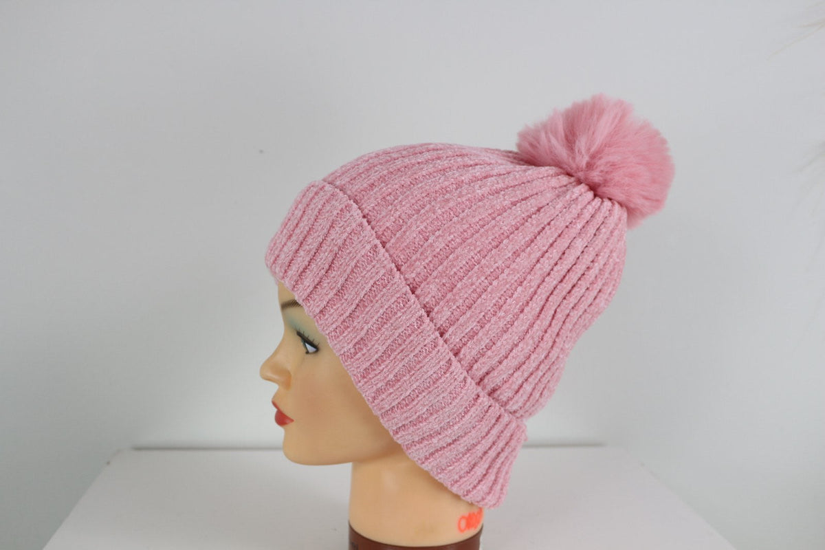 Bonnet Eva&Co rose à pompon et revers côtelé, vue de profil gauche – Frippin'Dealz