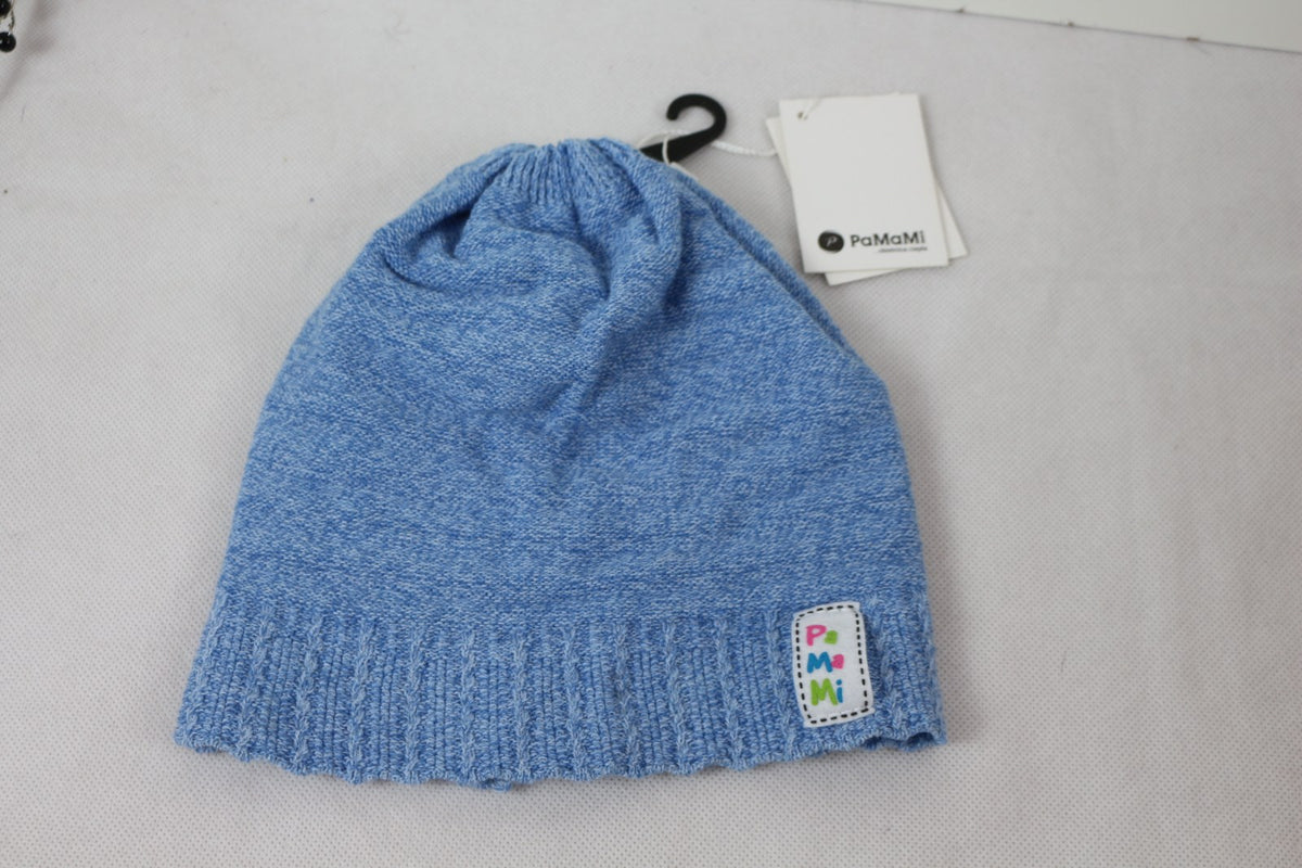 Bonnet PaMaMi bleu en maille chinée vu de face avec étiquette – Frippin'Dealz