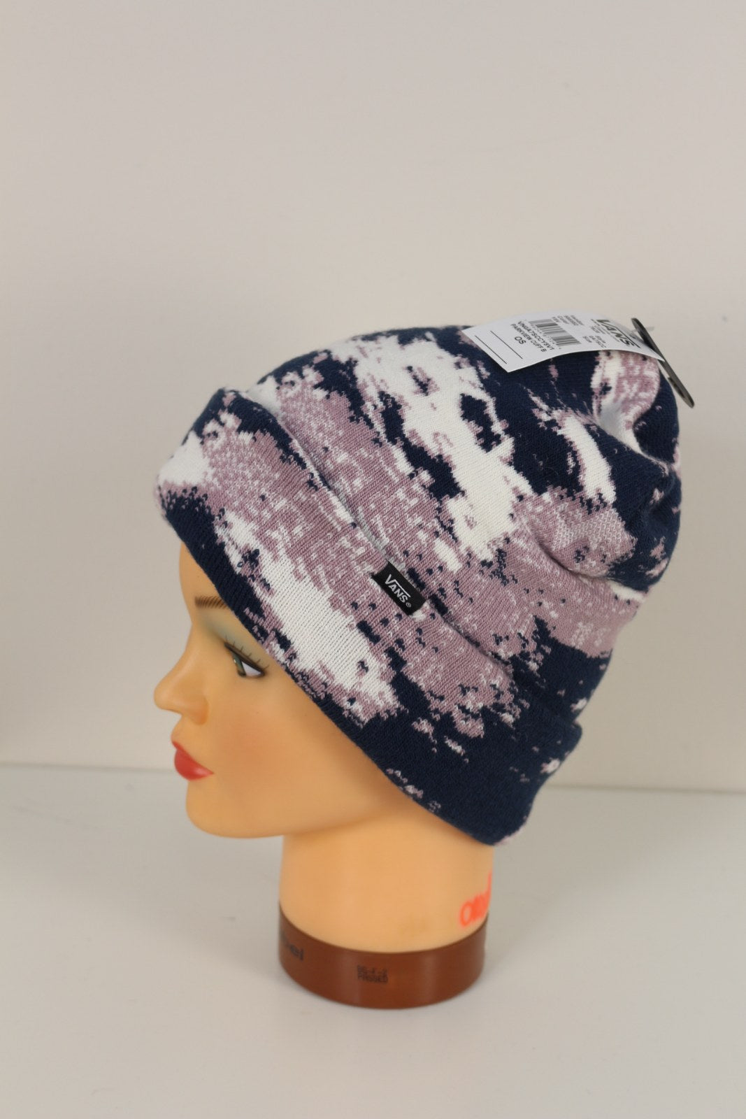 Bonnet Vans marine, mauve et blanc vu de trois quarts avec étiquette produit – Frippin'Dealz