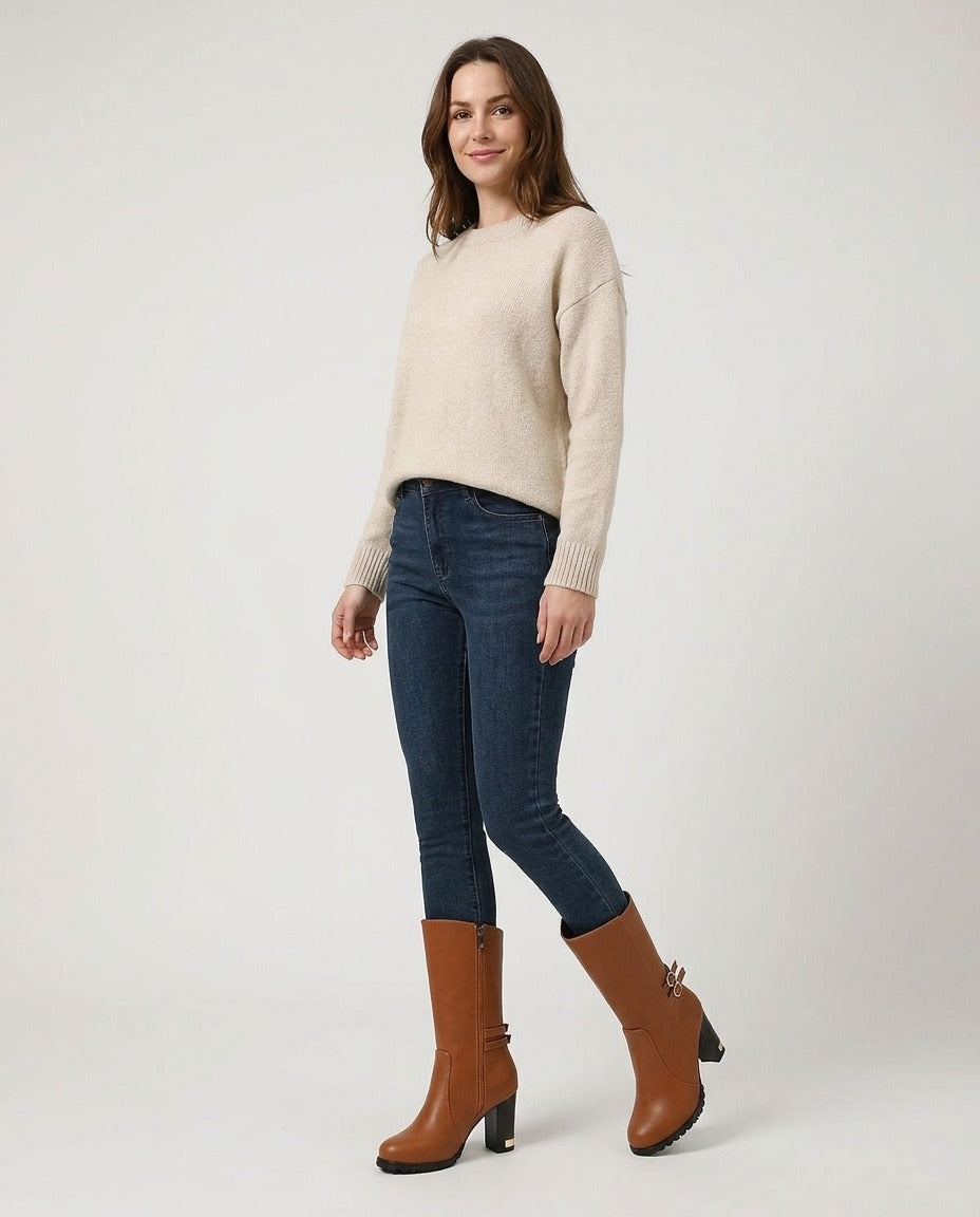 Bottes mi-mollet à talon épais zip latéral noir blanc ou camel porté – photo générée par IA