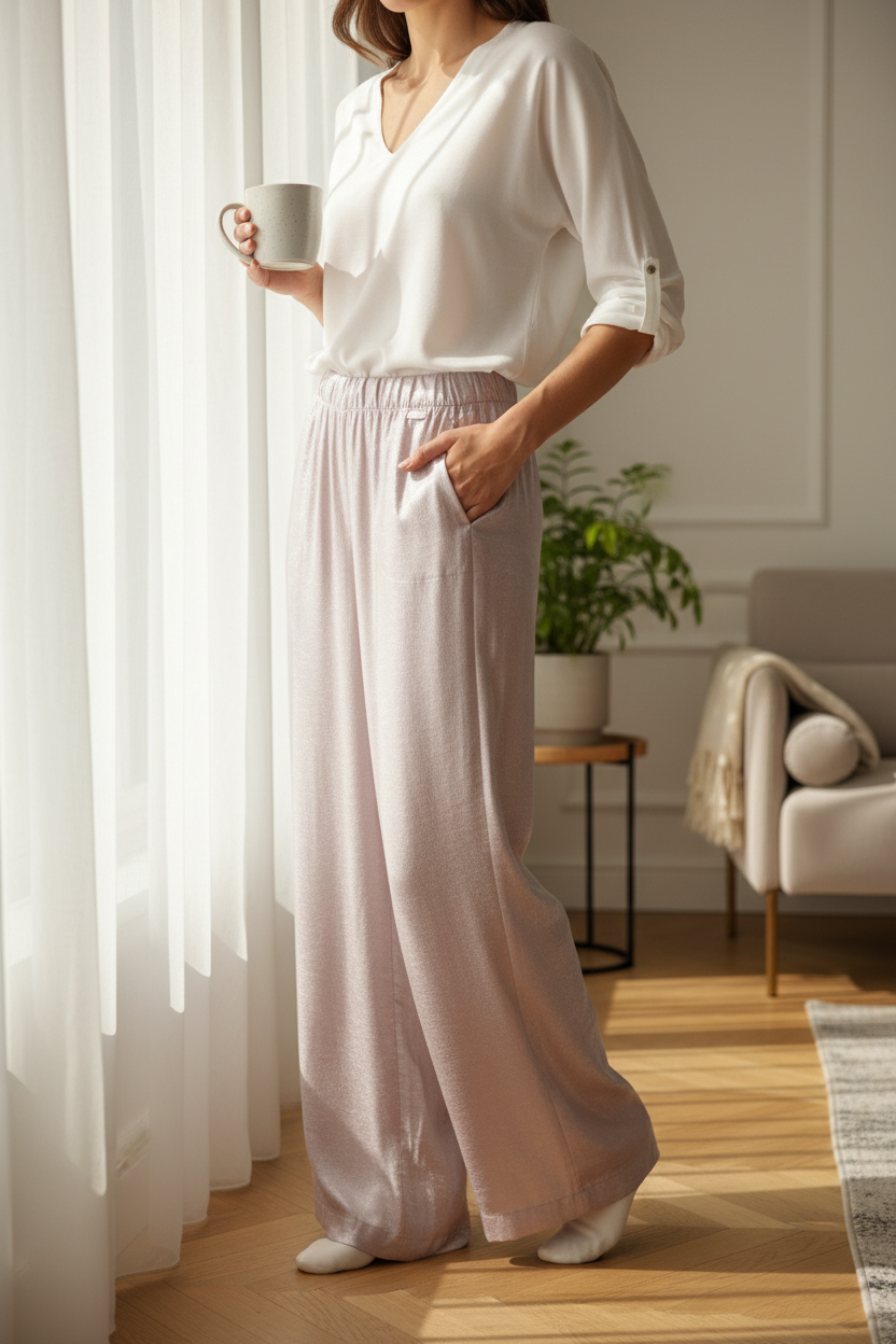 Pantalon Amélie & Amélie large rose poudré brillant M - Neuf avec étiquette 2