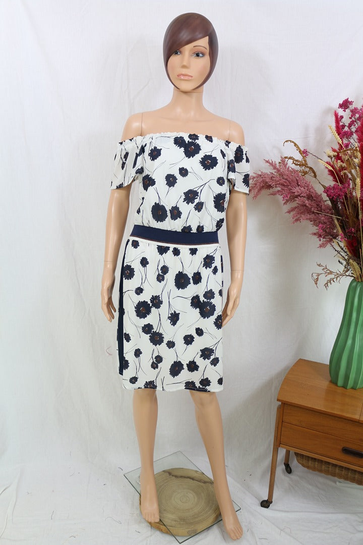 Robe midi Marie Méro blanc bleu motif floral col bateau T36 5