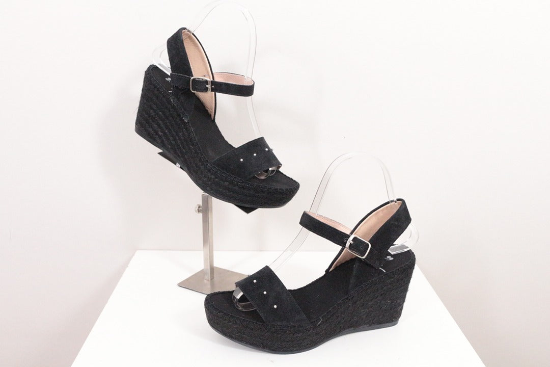 Sandales compensées espadrilles en daim noir clous taille 36 1