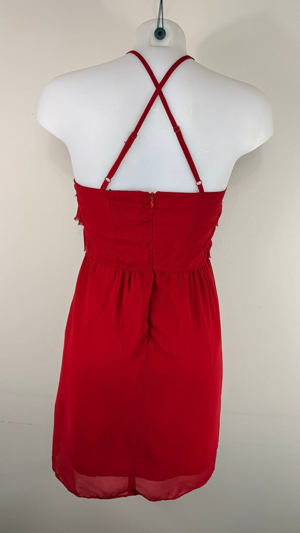 Robe Naf Naf 100% soie rouge volants dos croisé 38 5