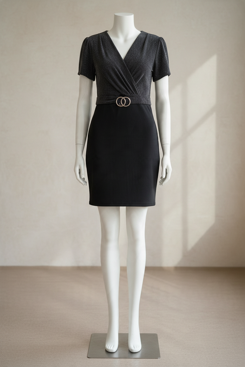 Camille de Paris Robe cache-cœur pailletée noire boucle argentée M
