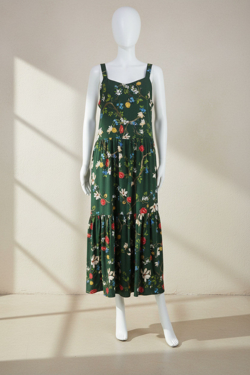 Robe longue Frippindealz Superdry en viscose kaki avec imprimé floral multicolore et coupe boho sur mannequin