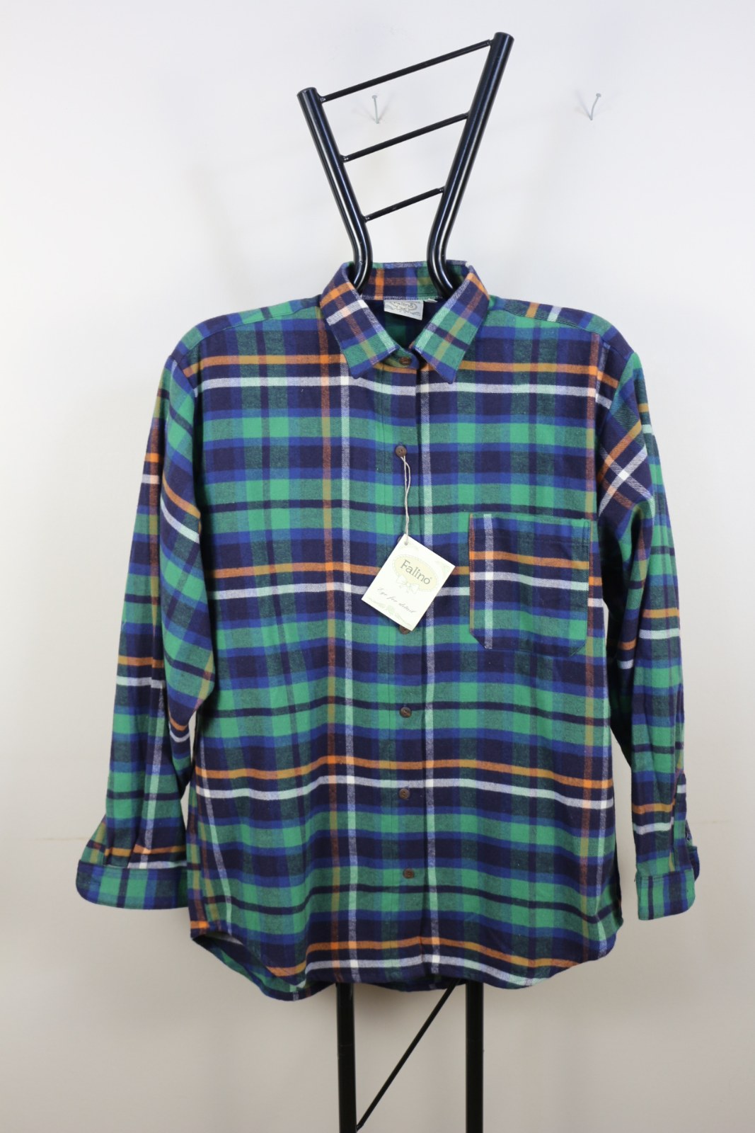 Chemise Falino à carreaux vert, bleu marine et orange avec poche poitrine et étiquette – Frippin'Dealz