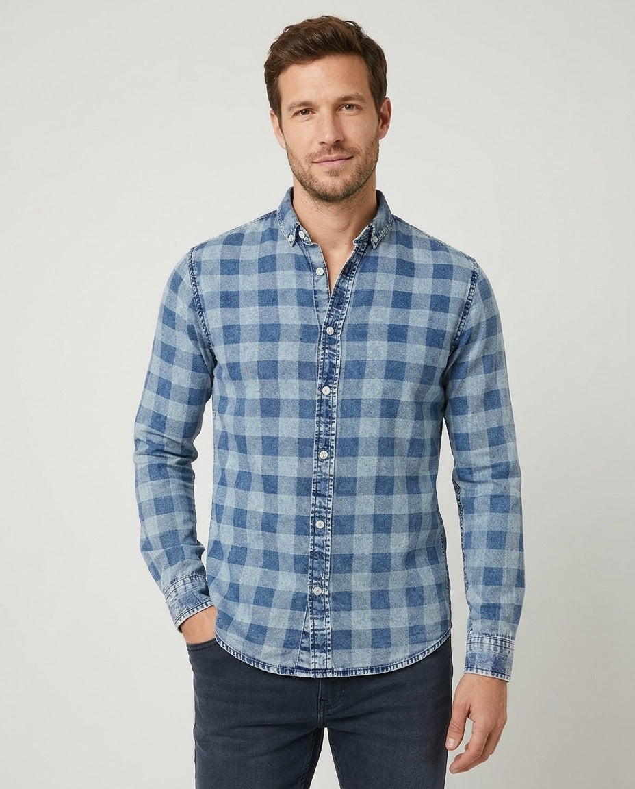 Only & Sons Chemise slim denim à carreaux bleu M porté – photo générée par IA