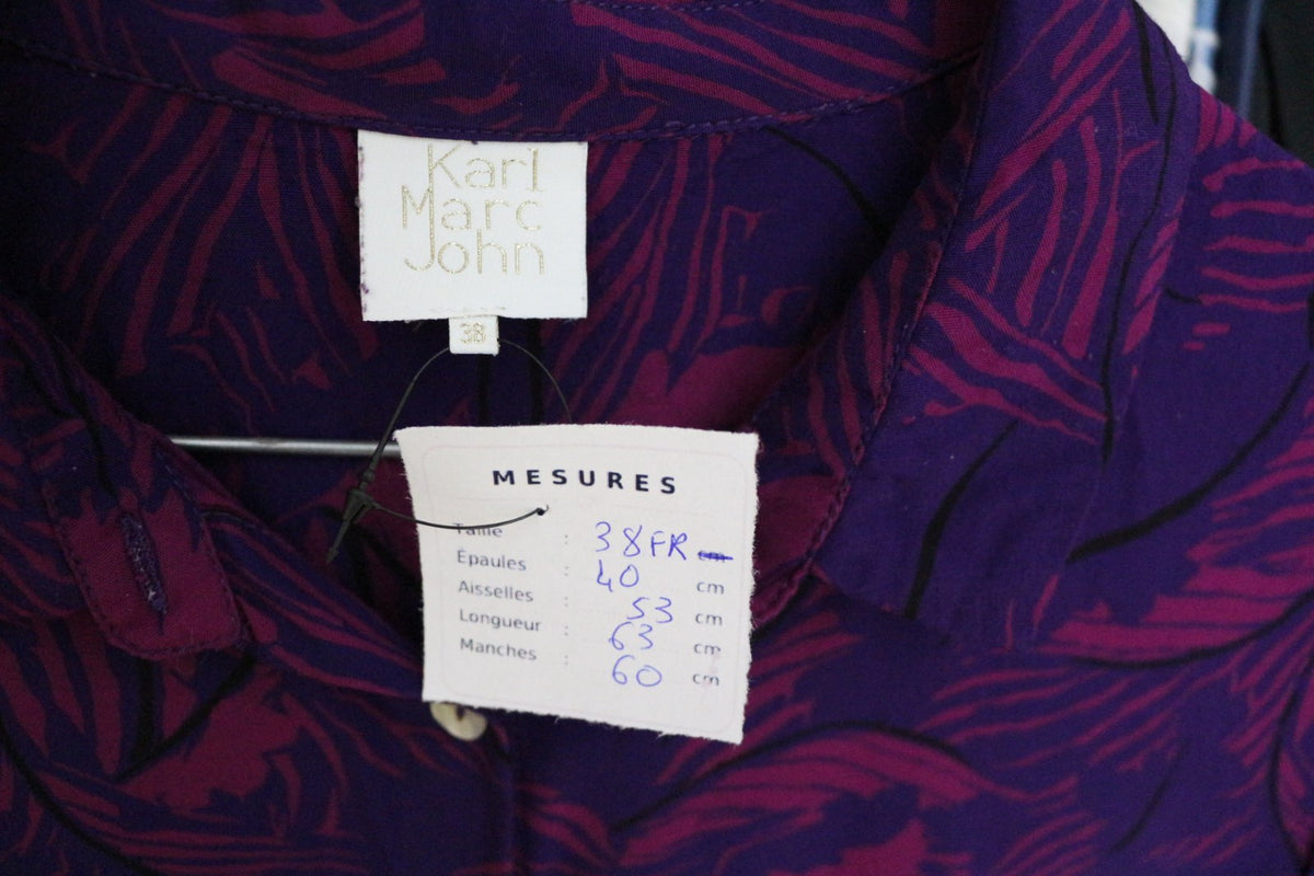 Étiquette de marque Karl Marc John taille 38 et fiche de mesures du chemisier violet – Frippin'Dealz