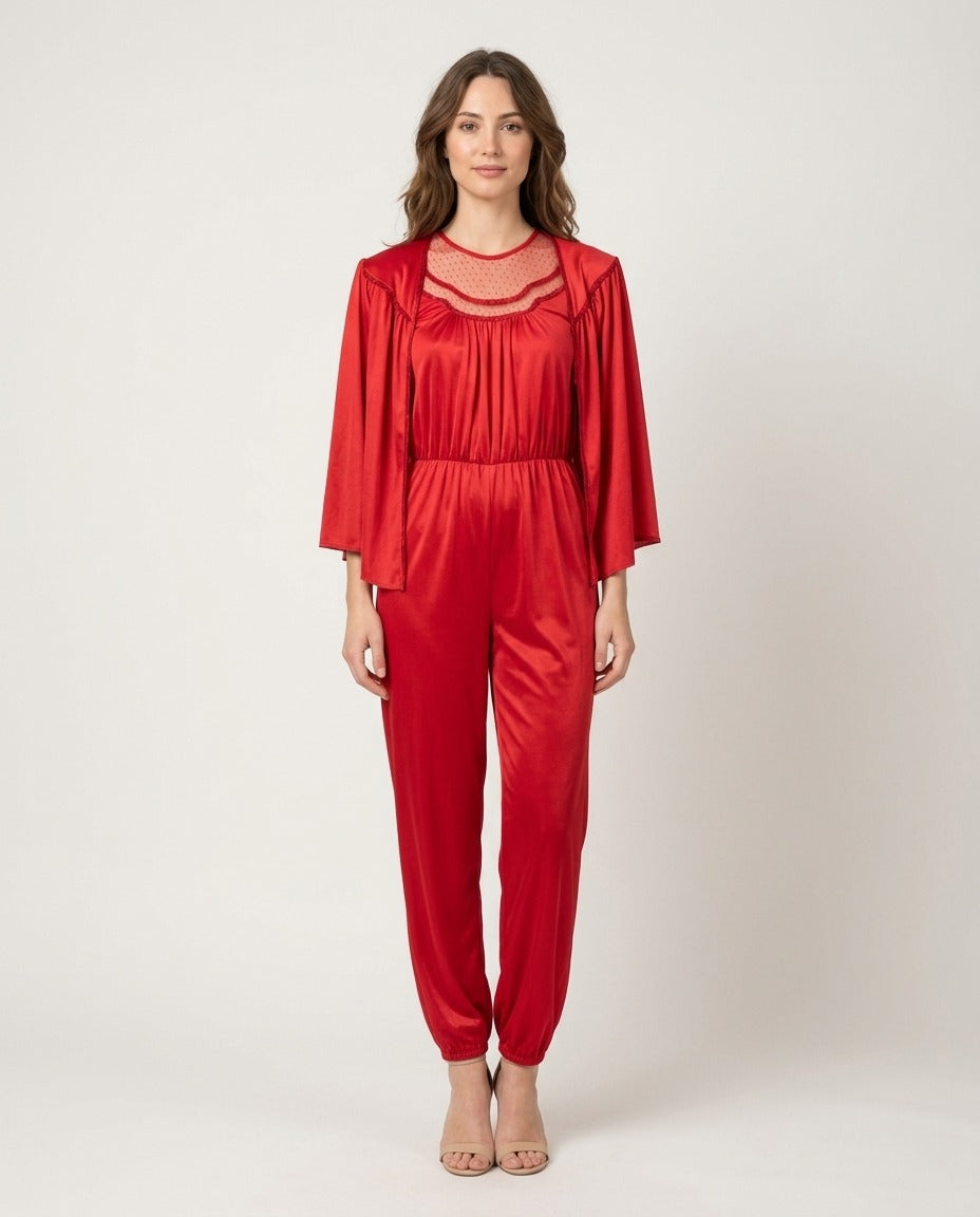 Mag Fortail Combinaison vintage rouge empiècement tulle à pois porté – photo générée par IA