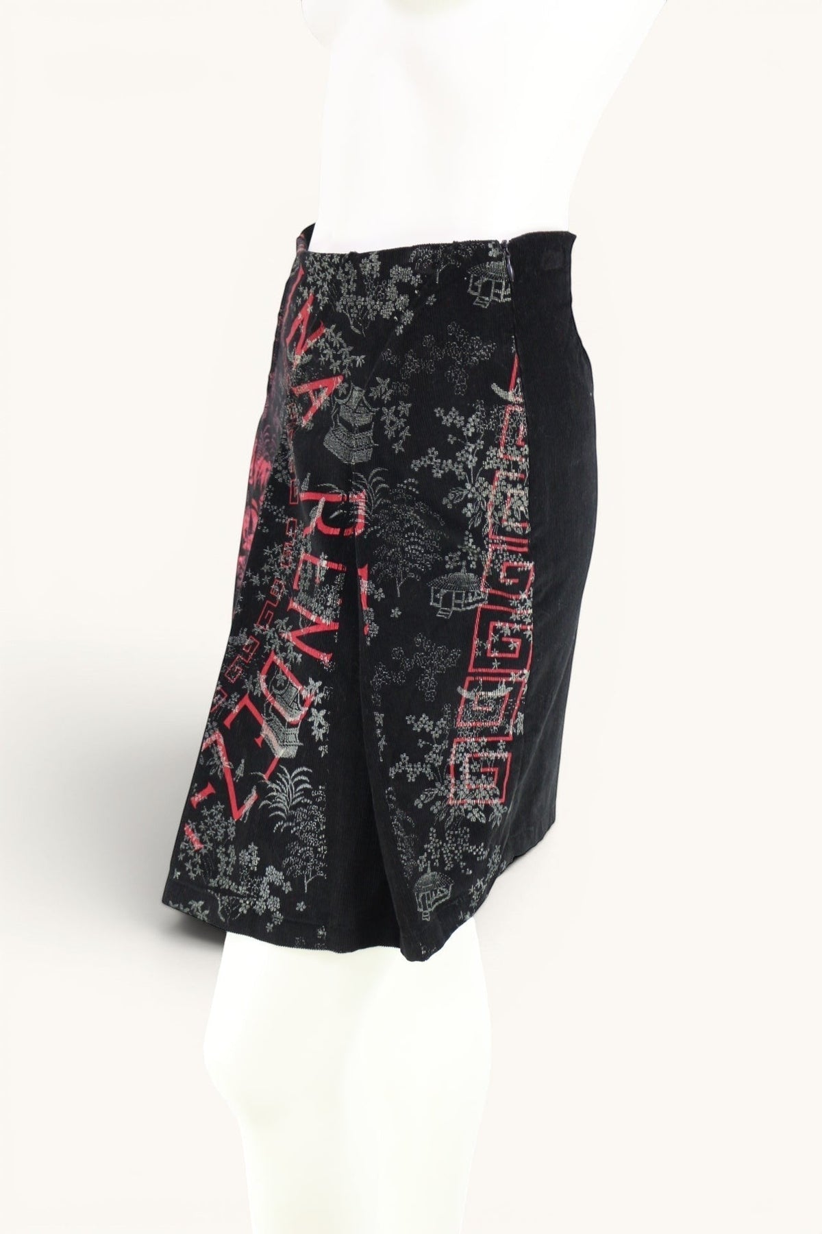 Jupe portefeuille Custo Barcelona en velours côtelé noir 100 % coton avec imprimé japonisant rose et gris. Taille 34.