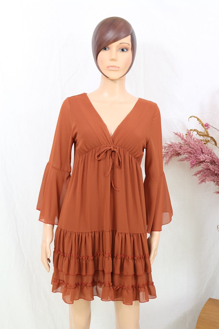 Robe courte mousseline marron S manches évasees volants 2