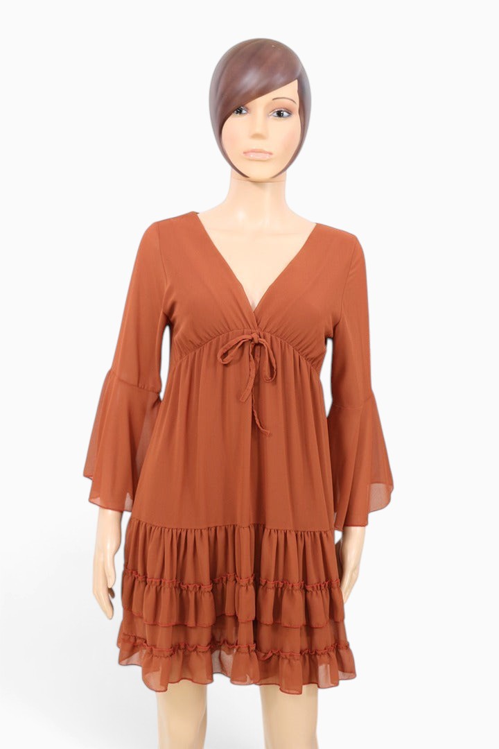 Robe courte mousseline marron S manches évasees volants | Frippin'Dealz – photo 3