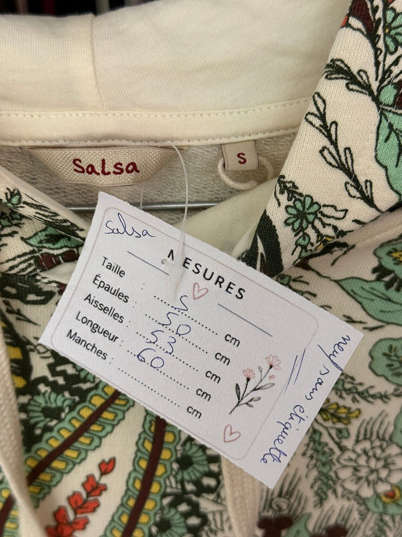 Sweat à capuche Salsa motif cachemire vert crème S boheme chic 8