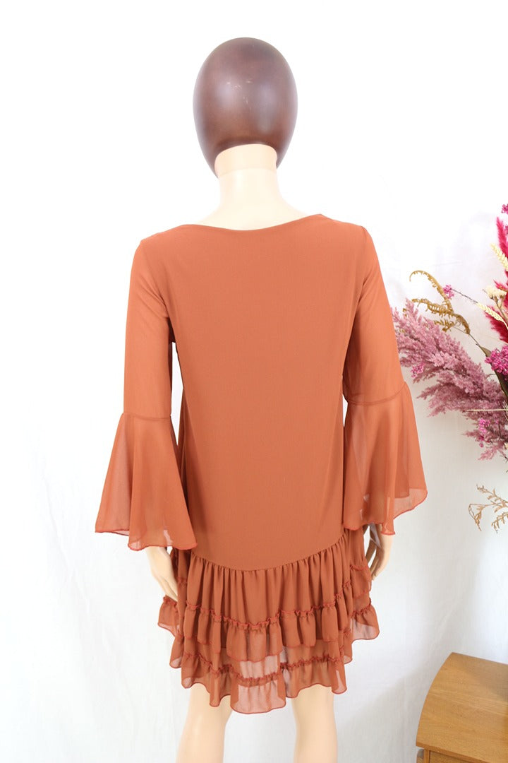 Robe courte mousseline marron S manches évasees volants 4