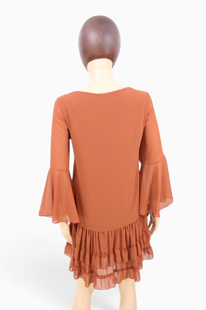 Robe courte mousseline marron S manches évasees volants | Frippin'Dealz – photo 5