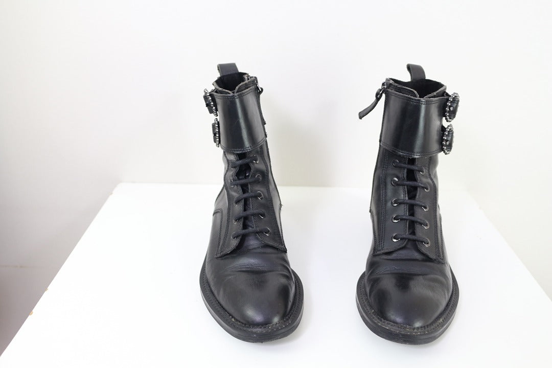 Bottes motardes Zara cuir noir boucles strass grunge rock 38 6