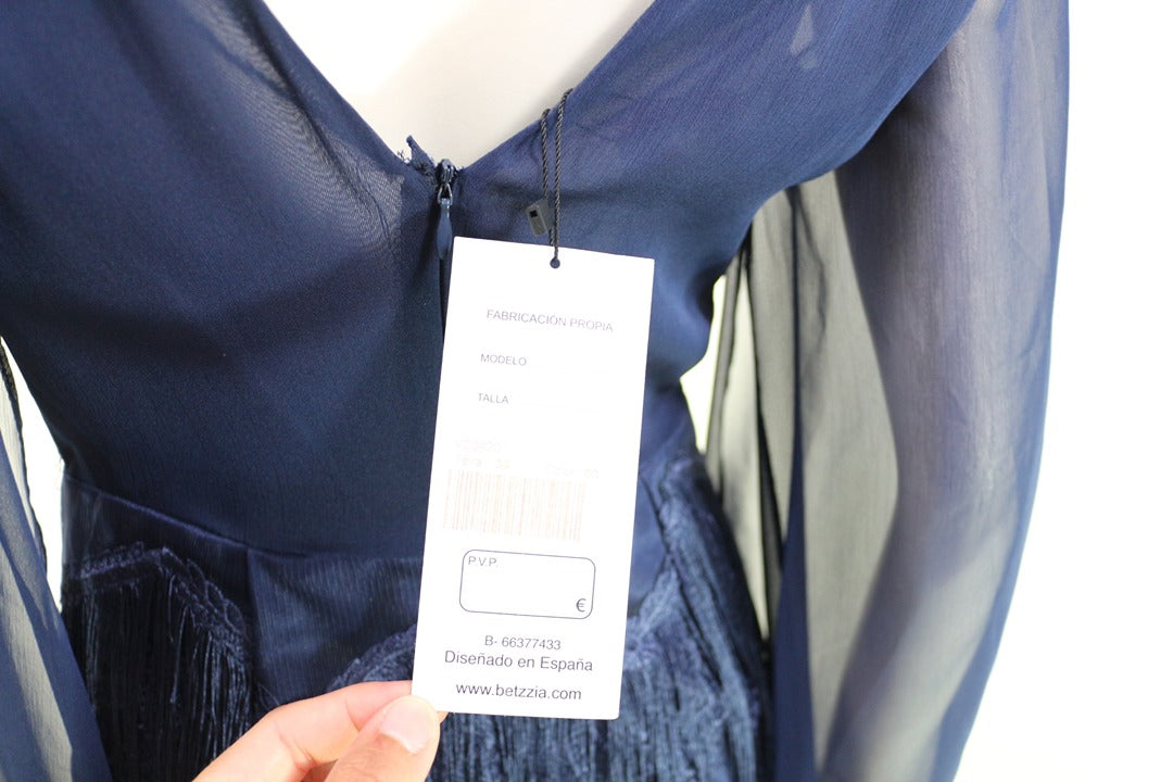 Robe cocktail Betzzia franges bleu marine Fr 38 M neuf avec étiquette 12