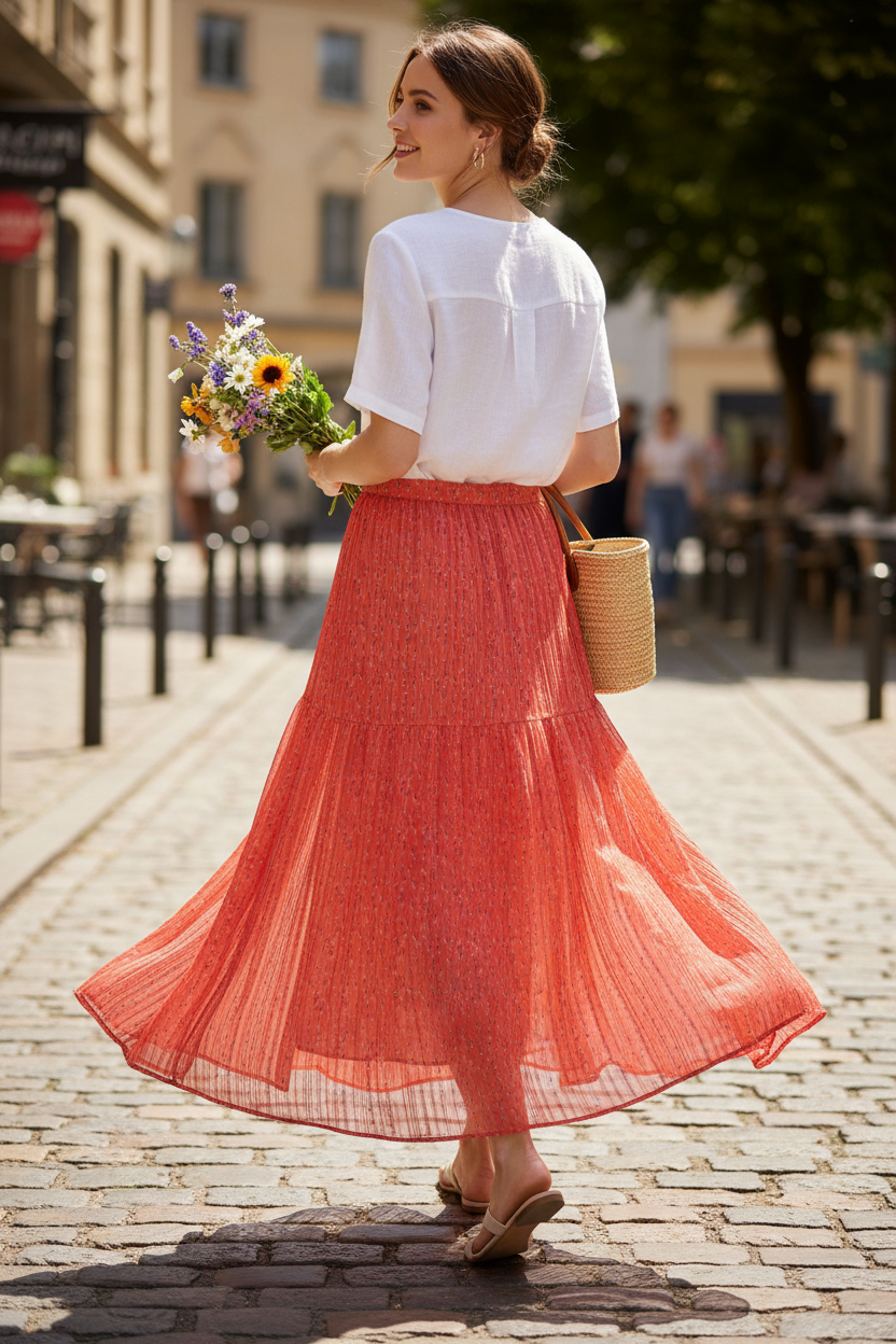 Jupe longue fluide corail à imprimé léger Frippindealz portée par une femme dans une rue pavée avec un bouquet