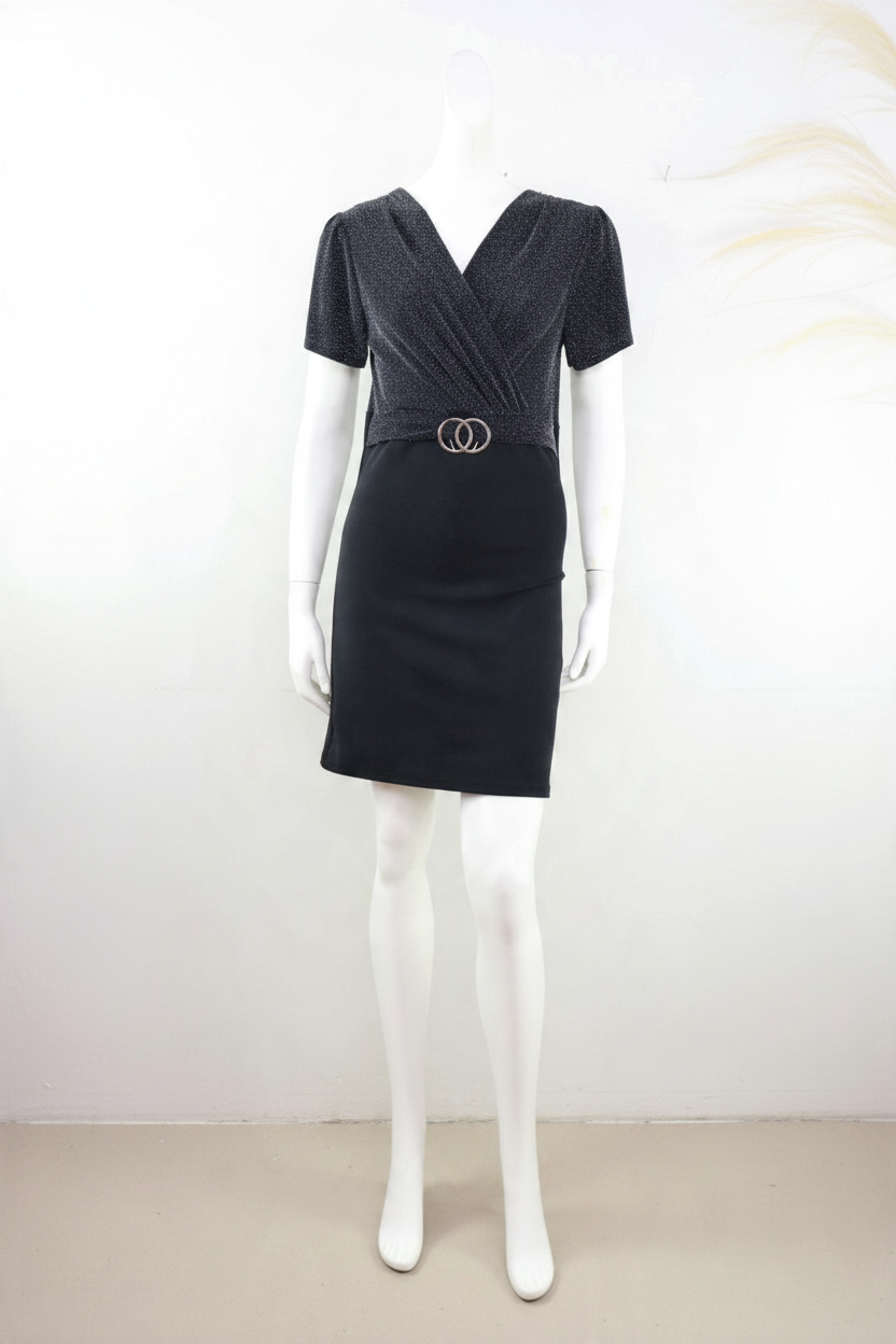 Camille de Paris Robe cache-cœur pailletée noire boucle argentée M 4