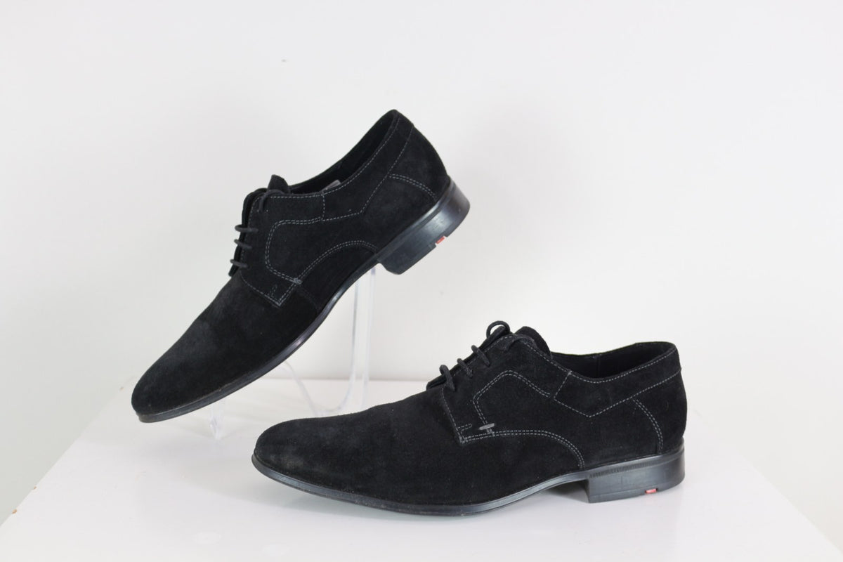 Derbies Lloyd noires en daim vues de profil avec talon plat – Frippin'Dealz
