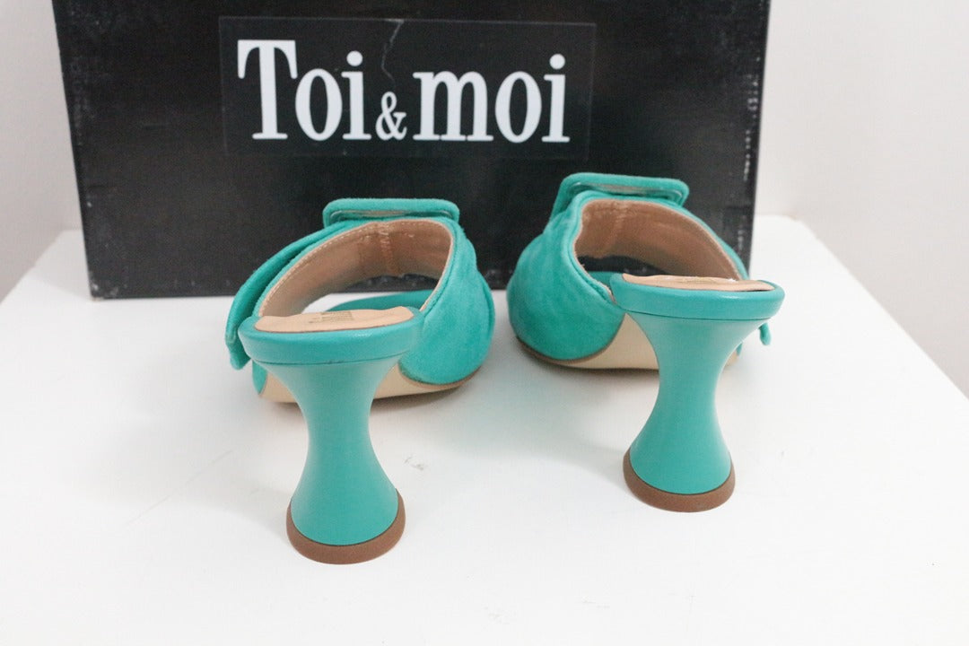Mules à talon Toi & moi en cuir daim turquoise taille 36 7