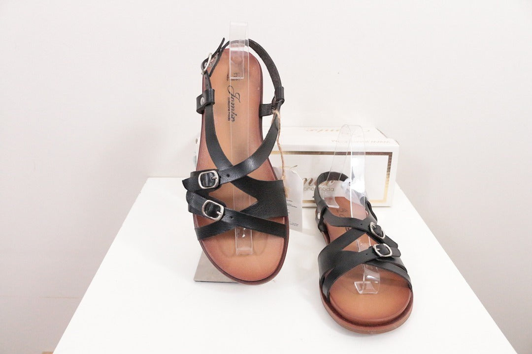 Sandales plates Jomix en simili cuir noir taille 36 neuves avec boîte 6