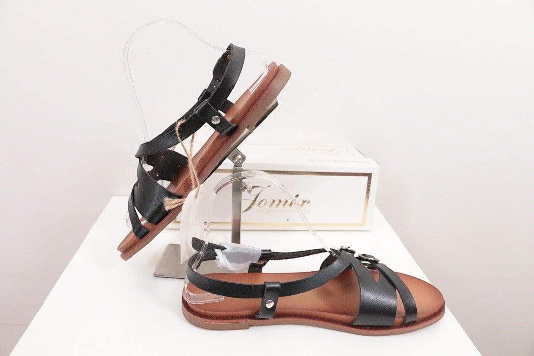 Sandales plates Jomix en simili cuir noir taille 36 neuves avec boîte 7