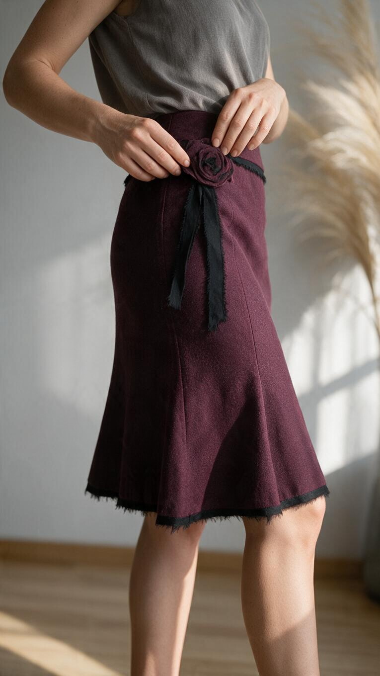 Promod Jupe midi évasée laine bordeaux fleur noire 40